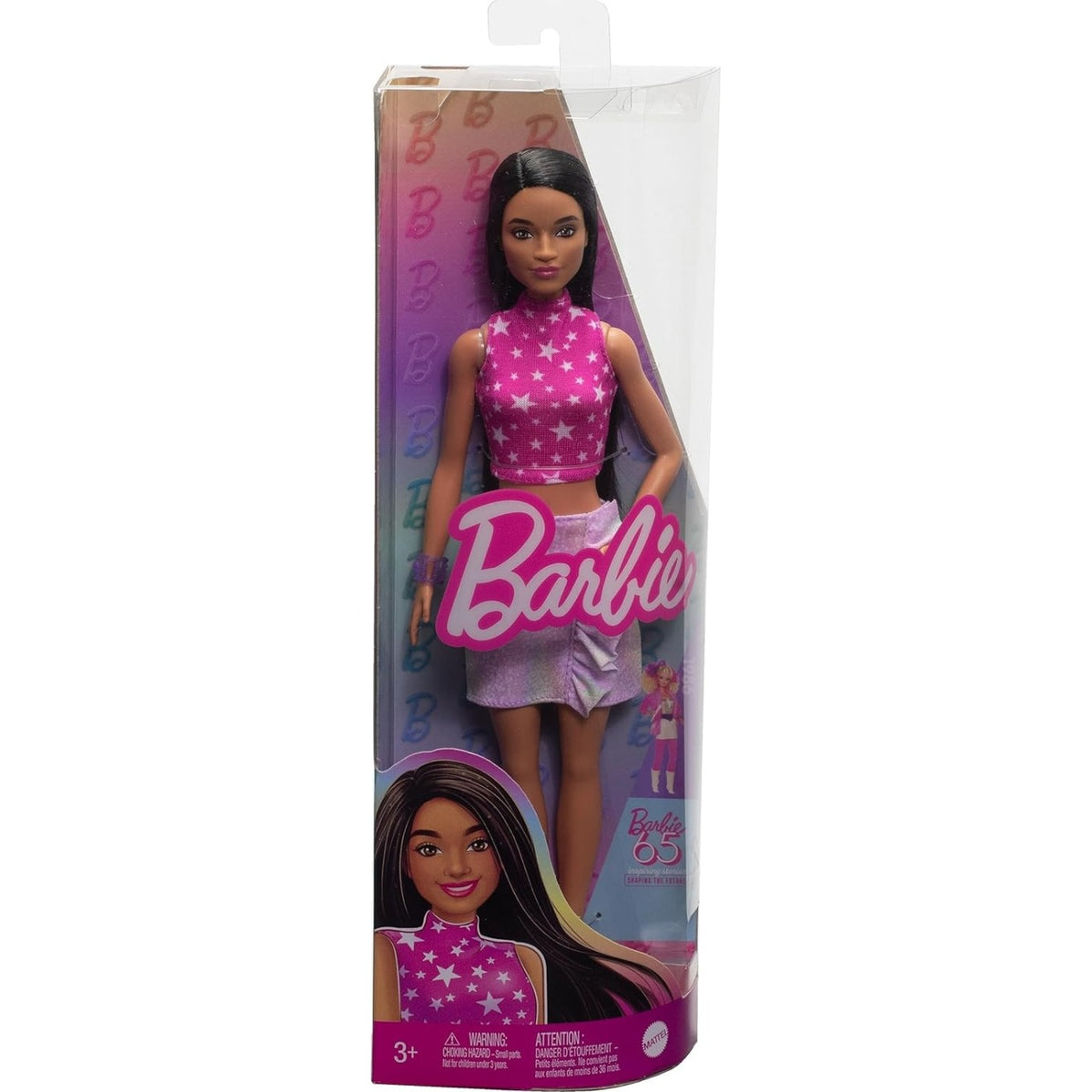 Mattel Barbie - Roza top s potiskom z zvezdami, črne ravne lase (HRH13)