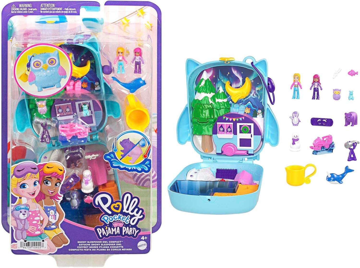 Mattel Polly Pocket: Piżama party - Nocowanie na śniegu Sowa Compact (HKV37)